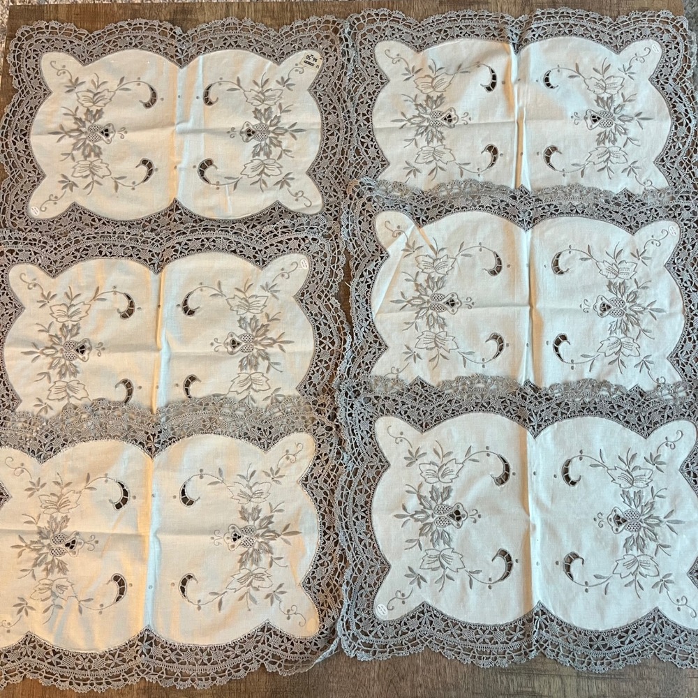 6 Vintage Lace Placemats Floral Embroidery Crochet Border Cream Linen Cutwork